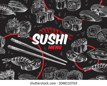 Konzept für Menüabdeckung, Banner, Flyer des japanischen oder asiatischen Restaurants in realistischer Skizze Vektorgrafik mit Schriftzeichen in Schwarz, Weiß mit roten Elementen. Traditionelle orientalische Sushi