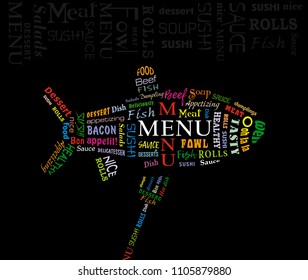 The concept of the menu design in the shape of a fish collected from different fonts on a black background. Vector.