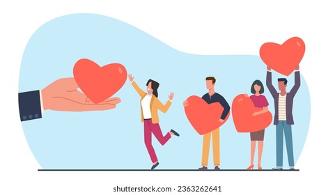 Concepto de misericordia y ayuda, la mano grande le da a la gente corazones, apoyo y calidez, comparte empatía. Generosas personas de la comunidad. Trabajo voluntario. Donación y ayuda social. Ilustración plana de dibujos animados