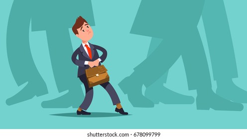 Concept mergers and acquisitions small business. Vector illustration small businessman makes hesitant steps among large companies