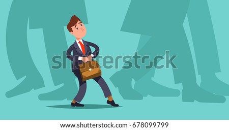 Concept mergers and acquisitions small business. Vector illustration small businessman makes hesitant steps among large companies