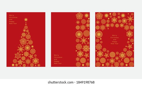 Concept of Merry Christmas and Happy New Year posters set. Design templates on red background with gold snowflakes for celebration and season decoration. Backgrounds for branding, banner, cover, card