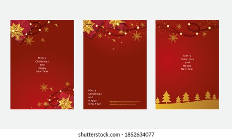 Concept of Merry Christmas and Happy New Year posters set. Design templates on red background with christmas trees, snowflakes and garlands for celebration and season decoration. Backgrounds for brand