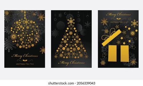 Concept of Merry Christmas and Happy New Year posters set. Design templates on dark background with black and gold snowflakes for celebration and season decoration.