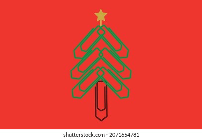 Concept Merry Christmas in the office material, mockup. Xmas tree made of paper clips on the red background. paper clip Christmas tree. Christmas background. Vector illustration	