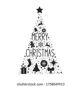 Concept of Merry Christmas tree with stars, snowflakes, deer, toys. Vector isolated festive xmas design. Holiday gift card template. 