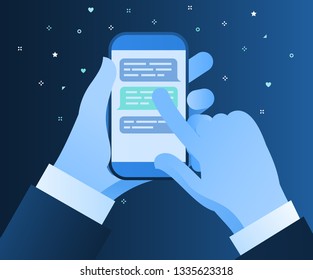 Concept of messaging and chatting, online communication. Hands holding smartphone with chat or messenger application on screen. Vector illustration in flat style.