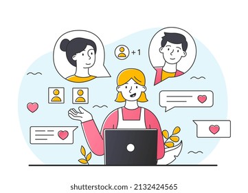 Concept of messaging. Girl sitting at laptop, freelancer. Communication in social networks and chatting. Remote employee, girl communicates with relatives on Internet. Cartoon flat vector illustration