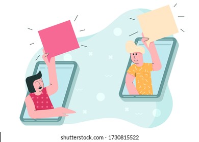 Concept messenger or text message application on smartphone with flat design character. Two men hold text box and have conversation through the mobile phone.