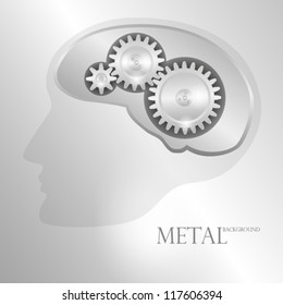 Concept metal background with schematic representation of the human head with a mechanical brain. EPS10 Vector.