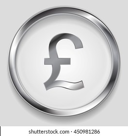 Concept metallic pound symbol logo in round button. Vector silver background