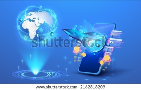 The concept of the metaverse and elements of the virtual world. Simulation of the world in virtual reality for future smartphones and digital devices. Rocket takes off from augmented reality portal.