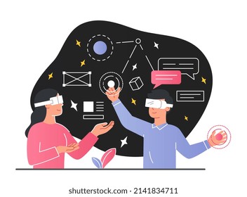 Concept of metaverse. Guy and woman in vr glasses look at stars. Galaxy and universe, space exploration. Modern technologies for research, futuristic images. Cartoon flat vector illustration