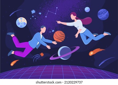 Concept of metaverse. Man and woman fly in space with no gravity. Modern technologies and development, innovations. Imagination and fantasy, futuristic picture. Cartoon flat vector illustration