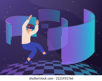 Concept of metaverse. Modern technologies and futuristic pictures, vr glasses and augmented reality. Young guy flies in space, universe and devices for games. Cartoon flat vector illustration
