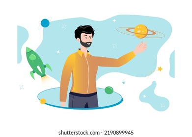 Concept metaverse with people scene in flat cartoon design. Man interacts with various virtual objects in the Internet space. Vector illustration.