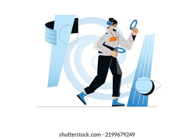 Concept Metaverse with people scene in the flat cartoon design. Man interacts and moves in virtual space thanks to digital glasses. Vector illustration.