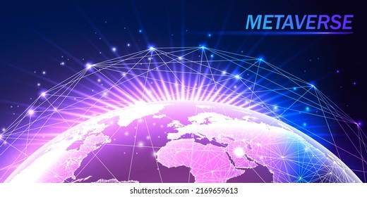Concept of metaverse with purple global network, planet earth view in futuristic holographic style 