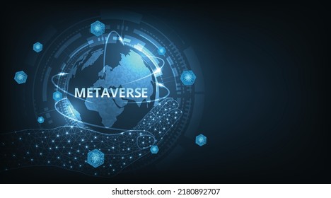 Concept of Metaverse technology with blockchain network connecting on dark blue background.virtual reality and blockchain technology.