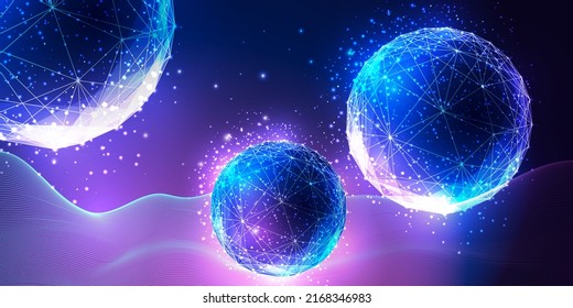 Concept of metaverse world experience, virtual reality landscape with abstract futuristic spheres