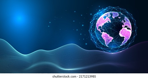 Konzept der Metaverse-Welt mit dem Planeten Erde-Globus auf Fantasielandschaft im futuristischen Stil