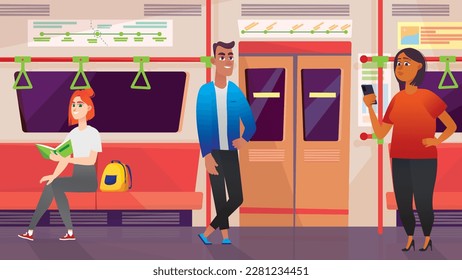 Concept Metro with people scene in the background cartoon style. Boy takes the subway to get to his destination faster. Vector illustration.