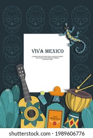 The concept of a Mexican postcard with a place for your text. Musical instruments and cultural objects with national decor. Postcard, frame for the Internet or print.