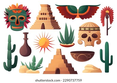 Concept Mexican set. This flat cartoon design features a set of Mexican-themed elements and symbols on a clean white background. Vector illustration.
