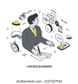 Concept of micro learning education. Employee learning new knowledge in small bits at a time. Isometric illustration