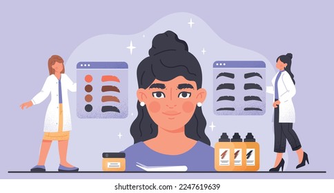 Concept of microblading. Cosmetologists select cosmetics for face. Eyebrow care, beauty and hygiene, makeup. Lotions and creams, cosmetic surgery. Poster or banner. Cartoon flat vector illustration