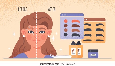 Concepto de microexplosión. La niña corta su cara con ayuda de preparaciones cosméticas. Belleza e higiene, afiche y banner para el sitio web. Crema cutánea y loción. Dibujo vectorial plano de dibujos animados