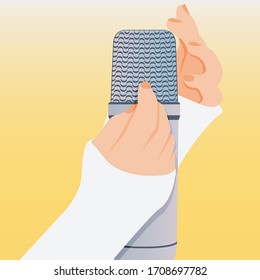 Concept of microphone for ASMR. Microphone with hands make massage, whisper, rustling. Autonomous sensory meridian response. Vector Illustration, isolated.