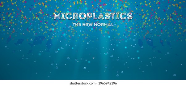 The concept for microplastics causing water pollution. Plastic single-use polypropylene items debris falling in the deep ocean. Fishes feeding on the micro plastics in the seas.