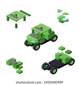 Concepto con camionetas militares hechas de ladrillos de plástico. Vector