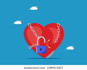Concepto de mente. Desbloquear el corazón de las cadenas con una llave