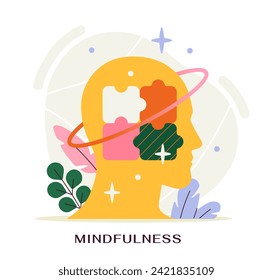 Concept of mindfulness. Abstract yellow silhouette of head with colorful puzzles. Creativity and art. Poster or banner. Cartoon flat vector illustration isolated on white background