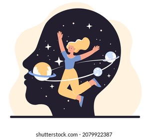 Concepto de mentalidad. Silhouette de cabeza, espacio, metáfora del pensamiento creativo. El personaje piensa en el mundo, en el esoterismo. Libertad y relajación mental, psicología. Dibujo vectorial plano de dibujos animados