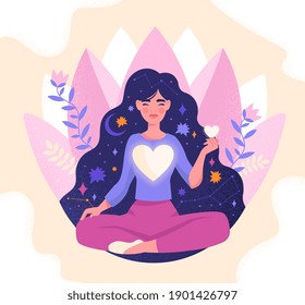 Concept of mindfulness, love and harmony with yourself. Girl with large glowing heart in her chest meditating. Female character sitting in lotos pose with closed eyes. Flat cartoon vector illustration