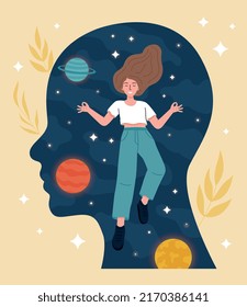 Concept of mindfulness. Woman represents space in abstract silhouette of head. Creative personality and mental health. Conscious girl, concentration and inner balance. Cartoon flat vector illustration