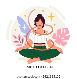 Concept of mindfulness. Woman sitting in lotus position. Yoga and meditation. Care about mental health and psychology. Cartoon flat vector illustration isolated on white background