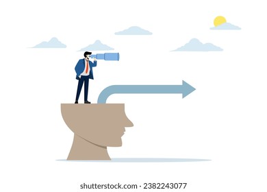 Concept of mindset and vision of a leader in making business decisions, Brain makes decisions, Businessman finds the way forward from his head, flat vector illustration on white background.