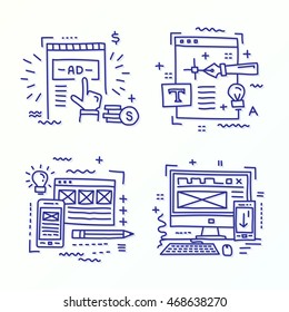 El concepto de mini ilustración - iconos. Creación y desarrollo de sitios web y aplicaciones de diseño, publicidad y promoción en Internet.