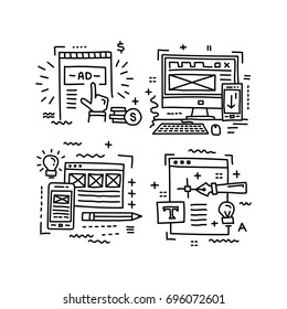 The concept of a mini illustration - icons. Creation and development of websites and applications design, advertising and promotion on the Internet.