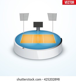 Concept of miniature round tabletop volleyball arena. In three-dimensional space. Vector illustration isolated on background.