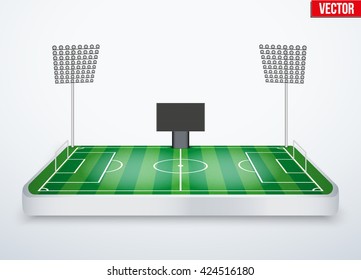 Concept of miniature tabletop football soccer stadium. In three-dimensional space. Vector illustration isolated on background.