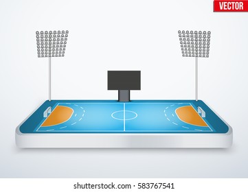 Concept of miniature tabletop handball arena. In three-dimensional space. Vector illustration isolated on background.