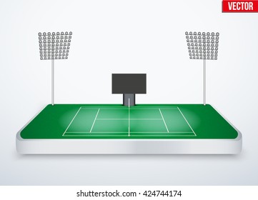 Concept of miniature tabletop Tennis court. In three-dimensional space. Vector illustration isolated on background.