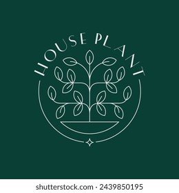 El concepto de minimalismo es un logotipo con una planta de casa en macetas, una plantilla emblema sobre el tema de la botánica, jardinería.