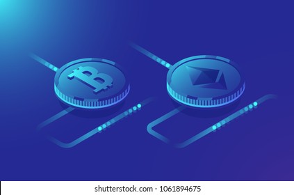 Concept of mining cryptocurrency ethereum and bitcoin, isometric data processing channel, icon of digital cryptocurrency on dark blue vector background