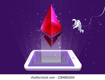 concept of mining of ethereum cryptocurrency. Astronaut hovered over the smartphone with the application, symbol on the screen